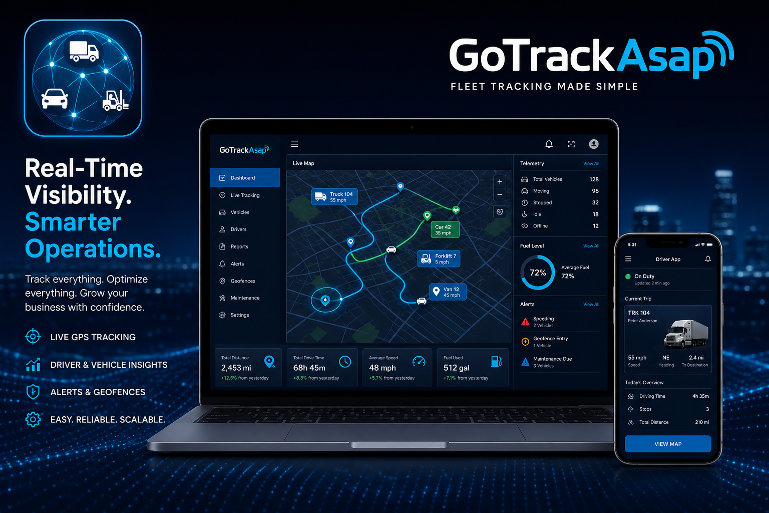 GoTrackAsap — consola web y app móvil con mapa GPS en vivo